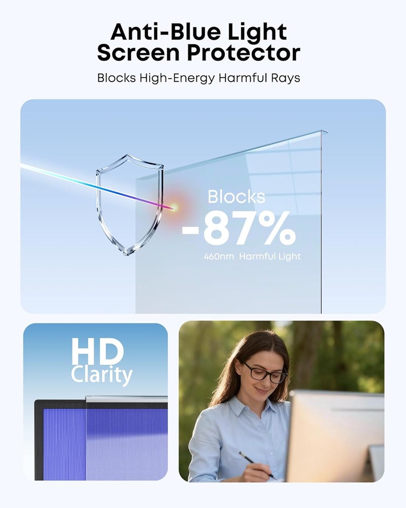 PrivoraX [2-Pack] 24 Inch Hanging Anti Blue Light Monitor Screen Protector - Blocks 87% 460nm Blue Light & 97% UV, Removable No Installation Design, 93% HD Clarity, Fits 23-24" Monitors - Image 3